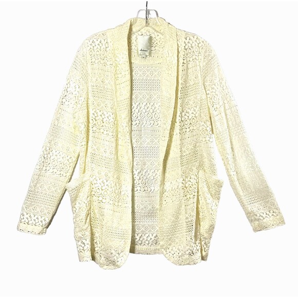 Elevenses Anthropologie Lace Cardigan M Petite Cream Side Pockets Open Front - Picture 1 of 11